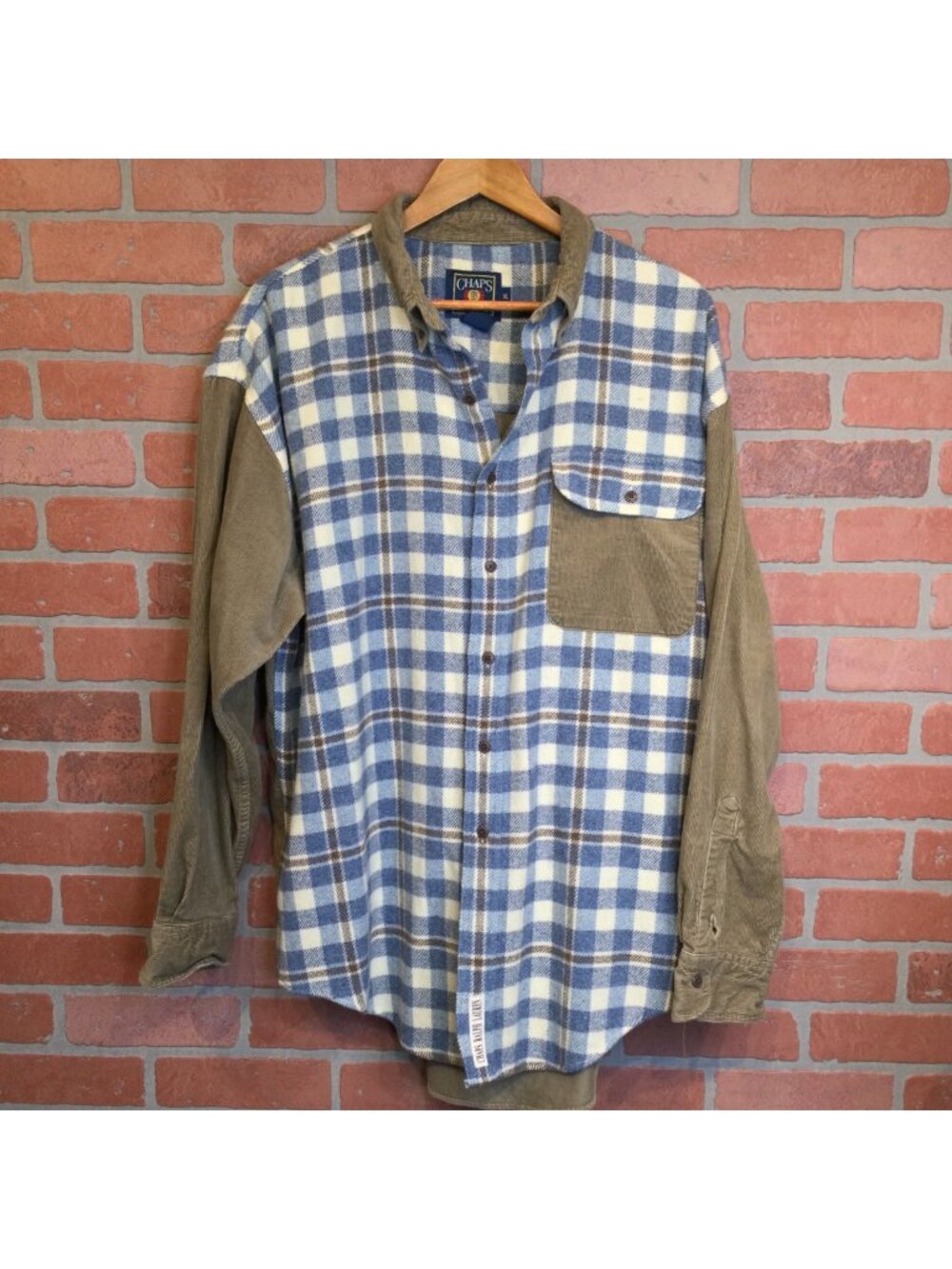 VTG Chaps Ralph Lauren Mens XL Blue Plaid & Corduroy Shirt Long Sleeve Button-Up